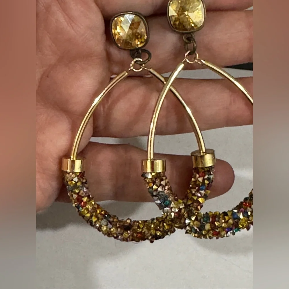 Pink Panache Gold & Crystal Drop Hoop Earrings – Sparkly Statement - Picture 4 of 4